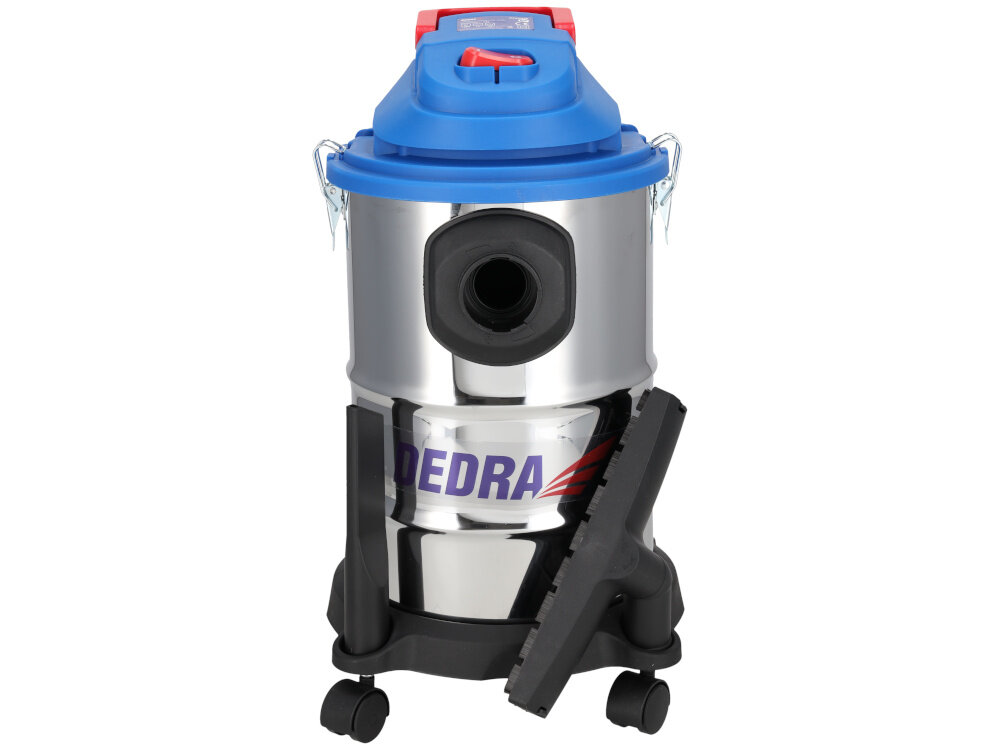 Odkurzacz warsztatowy DEDRA DED6610 odkurzacz na białym tle tryb pracy na sucho usuwanie pyłu kurzu i drobnych zanieczyszczeń stałych siła ssąca do 16 kPa efektywne zbieranie nieczystości