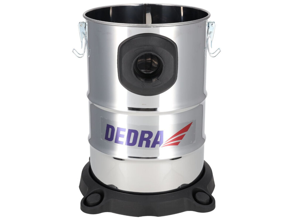 Odkurzacz warsztatowy DEDRA DED6610 pojemnik na białym tle drugi tryb pracy bezpieczne usuwanie rozlanych płynów w tym wody praca na mokro pojemność zbiornika do 20 litrów skracasz czas sprzątania