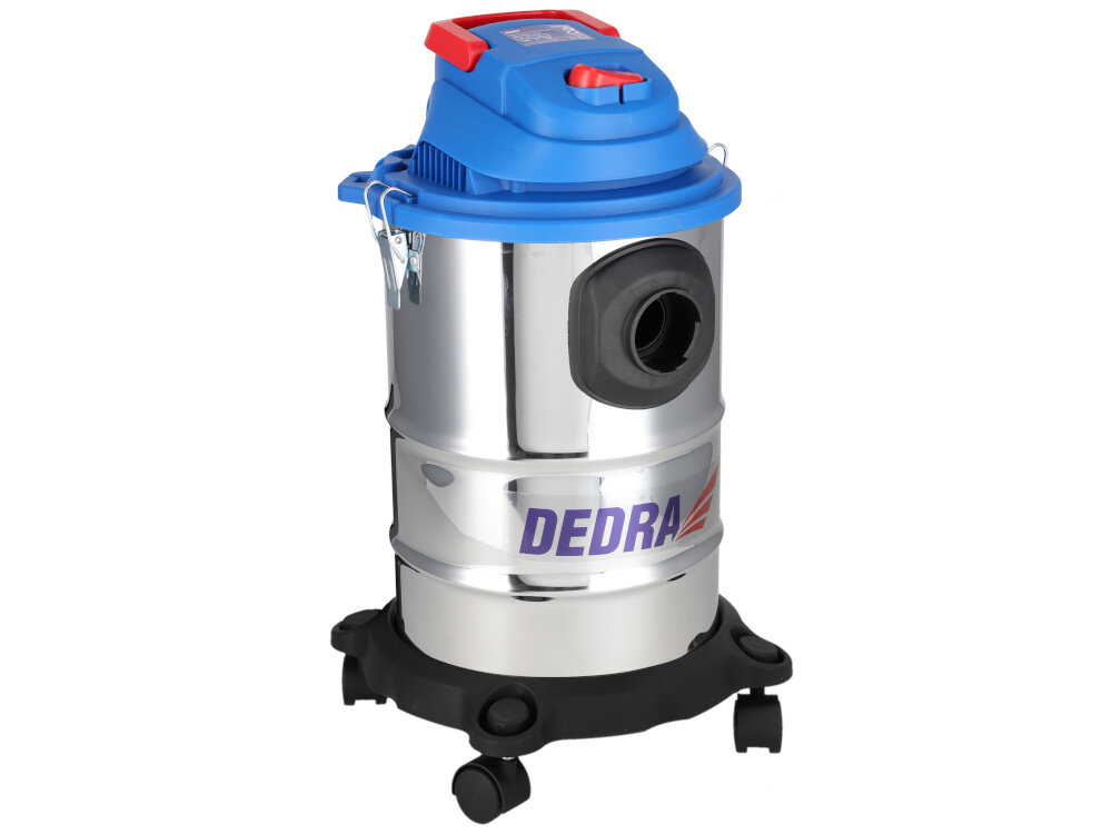 Odkurzacz warsztatowy DEDRA DED6610 odkurzacz widoczny bokiem na białym tle funkcja wydmuchu zdmuchiwanie kurzu i pyłu z zakamarków narożników przestrzeni za meblami dokładniejsze czyszczenie