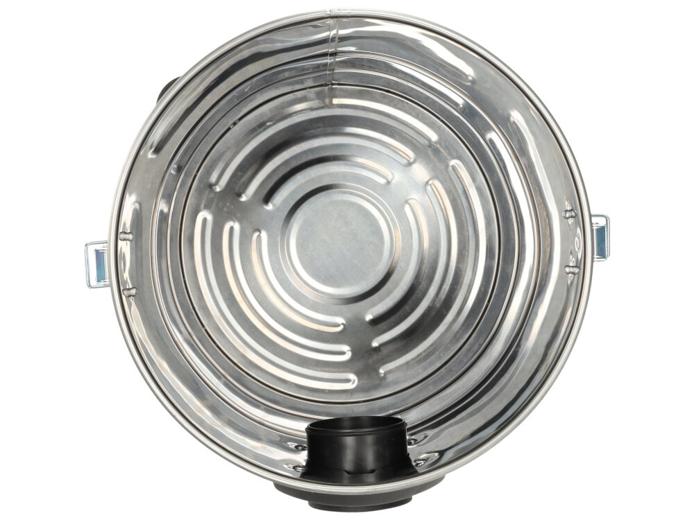 Odkurzacz warsztatowy DEDRA DED6610 pokrywa na białym tle zbiornik ze stali nierdzewnej wysoka odporność na korozję i uszkodzenia mechaniczne solidne metalowe zaciski szczelne zamknięcie bezpieczeństwo użytkowania