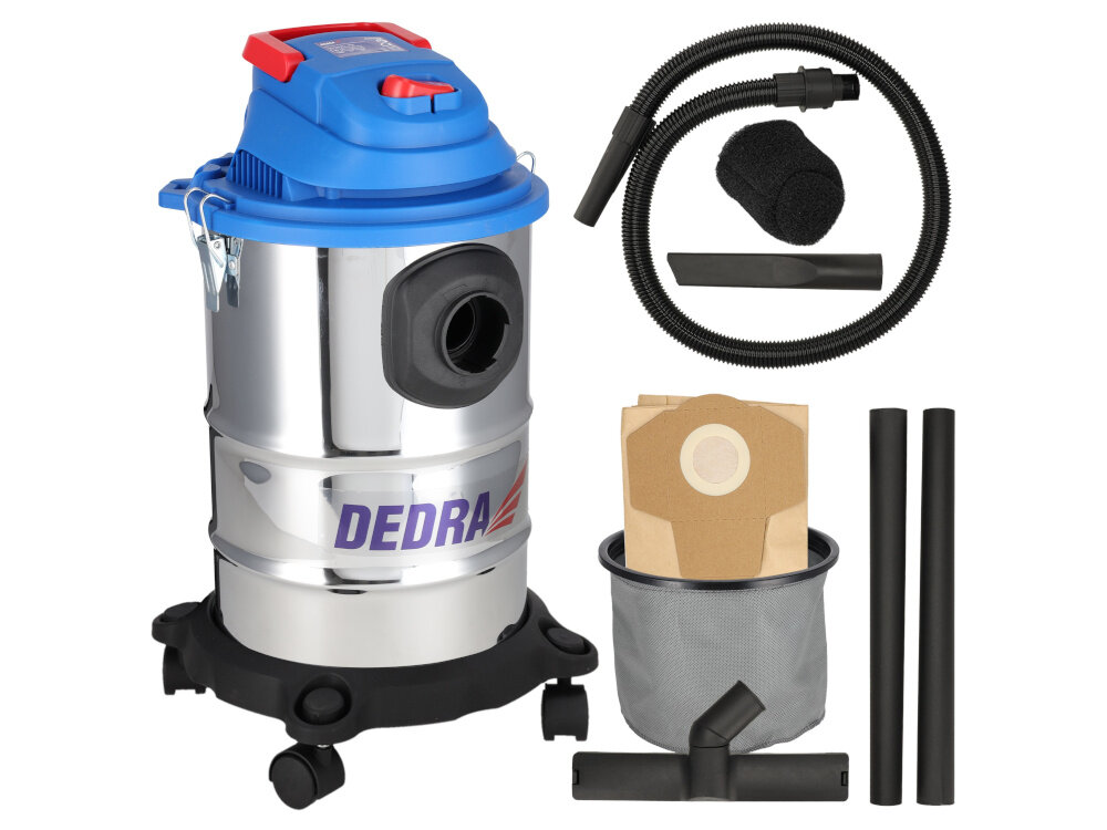 Odkurzacz warsztatowy DEDRA DED6610 zestaw na białym tle w zestawie odkurzacz wąż elastyczny szczotka do odkurzania na sucho i mokro dysza szczelinowa dwie rury plastikowe baza z kółkami jezdnymi filtr gąbkowy filtr materiałowy worek papierowy dokumentacja