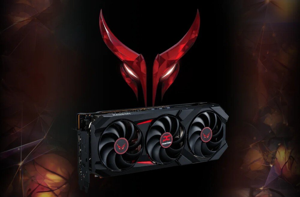 Karta graficzna POWERCOLOR Radeon RX 9070 XT Red Devil 16GB Ciemne tło z czerwonym motywem przypominającym diabelski symbol w górnej części i widoczną kartą graficzną z trzema wentylatorami na dole obrazu, opis