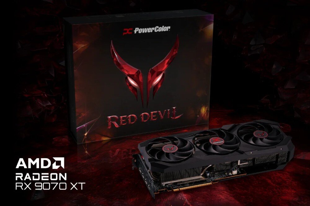 Karta graficzna POWERCOLOR Radeon RX 9070 XT Red Devil 16GB Pudełko z czarno-czerwonym motywem i napisem 'Red Devil' obok karty graficznej leżącej na czerwonej powierzchni, architektura, cechy