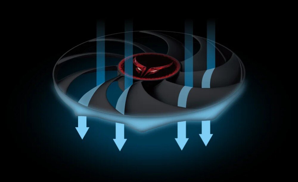 Karta graficzna POWERCOLOR Radeon RX 9070 XT Red Devil 16GB Grafika przedstawiająca wentylator z czerwonym symbolem pośrodku, z którego strzałki skierowane w dół pokazują kierunek przepływu powietrza, wentylatory, łopatki, płyta bazowa