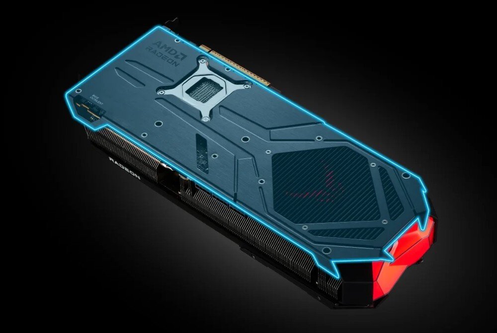 Karta graficzna POWERCOLOR Radeon RX 9070 XT Red Devil 16GB Widok tylnej części karty graficznej z metalowym panelem i podświetlonym na czerwono elementem w prawym rogu, sekcja zasilania, płyta PCB