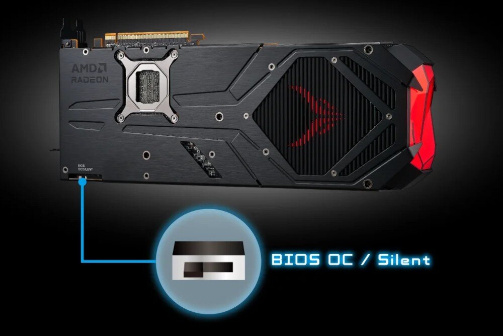 Karta graficzna POWERCOLOR Radeon RX 9070 XT Red Devil 16GB Tylna część karty graficznej z zaznaczonym przełącznikiem opisanym jako 'BIOS OC / Silent' na ciemnym tle, przełącznik BIOS
