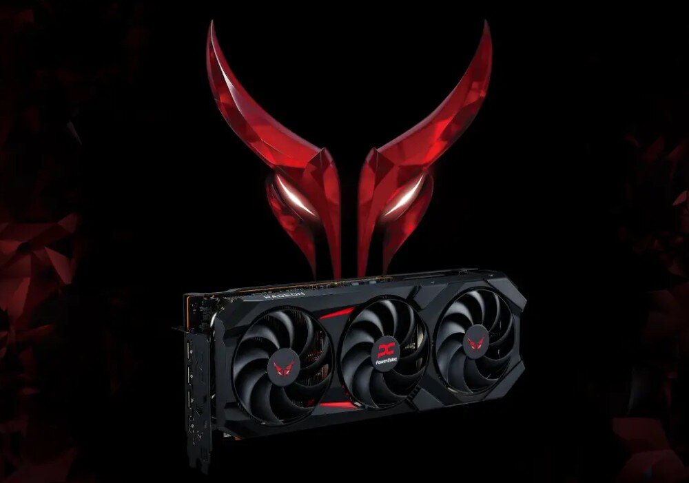 Karta graficzna POWERCOLOR Radeon RX 9070 Red Devil 16GB Ciemne tło z czerwonym motywem przypominającym diabelski symbol w górnej części i widoczną kartą graficzną z trzema wentylatorami na dole obrazu, opis