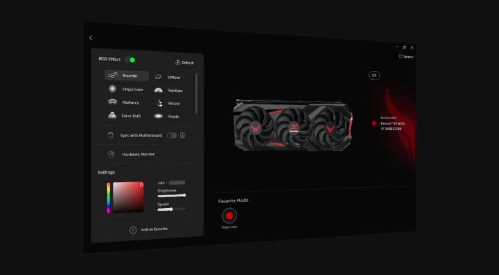 Karta graficzna POWERCOLOR Radeon RX 9070 Red Devil 16GB Zrzut ekranu przedstawiający oprogramowanie z interfejsem do zmiany efektów RGB i ustawień karty graficznej, podświetlenie, kolory, efekty