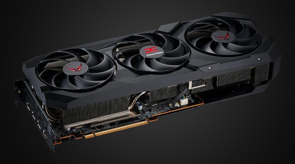 Karta graficzna POWERCOLOR Radeon RX 9070 Red Devil 16GB Pudełko z czarno-czerwonym motywem i napisem 'Red Devil' obok karty graficznej leżącej na czerwonej powierzchni, architektura, cechy