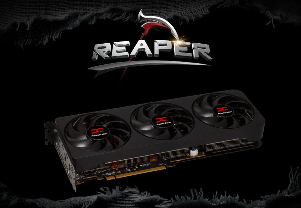 Karta graficzna POWERCOLOR Radeon RX 9070 XT Reaper 16GB Logo serii 'Reaper' z grafiką kosy nad ciemnym tłem oraz karta graficzna z trzema wentylatorami umieszczona w dolnej części obrazu, opis
