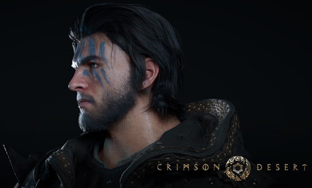 Karta graficzna POWERCOLOR Radeon RX 9070 XT Reaper 16GB Postać mężczyzny z krótką brodą i niebieskimi malunkami na twarzy patrząca w lewo, w prawym dolnym rogu logo gry 'Crimson Desert', parametry, procesory strumieniowe, architektura, technologie