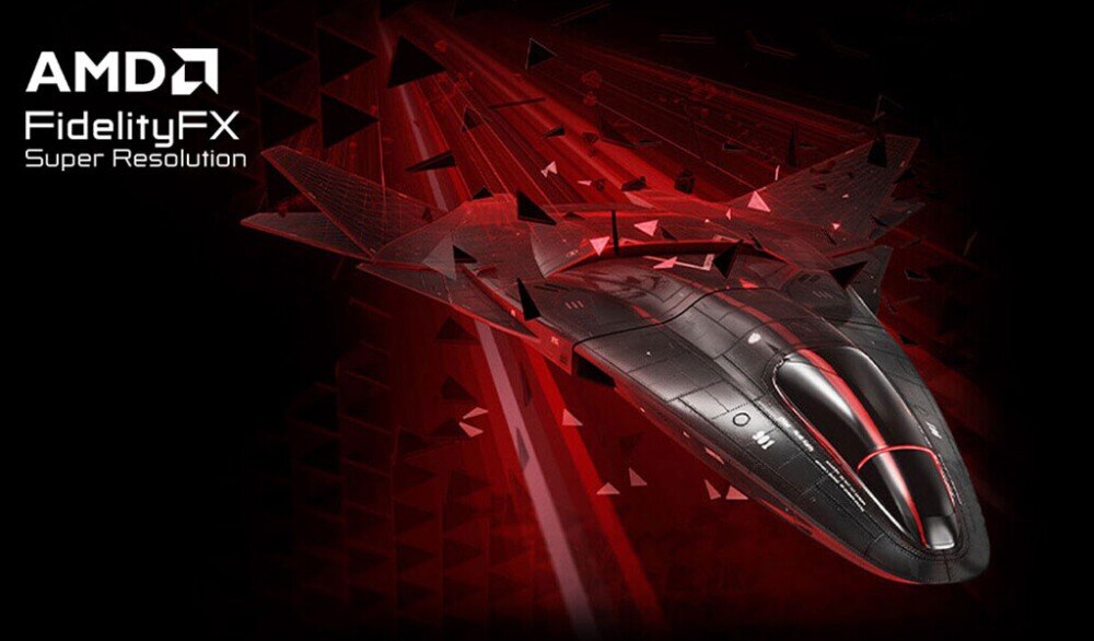 Karta graficzna POWERCOLOR Radeon RX 9070 XT Reaper 16GB Stylizowany czarny myśliwiec przelatujący przez czerwoną siatkę graficzną z logo 'AMD FidelityFX Super Resolution' w lewym górnym rogu, technologie AI, upscaling, generowanie klatek, rozdzielczość