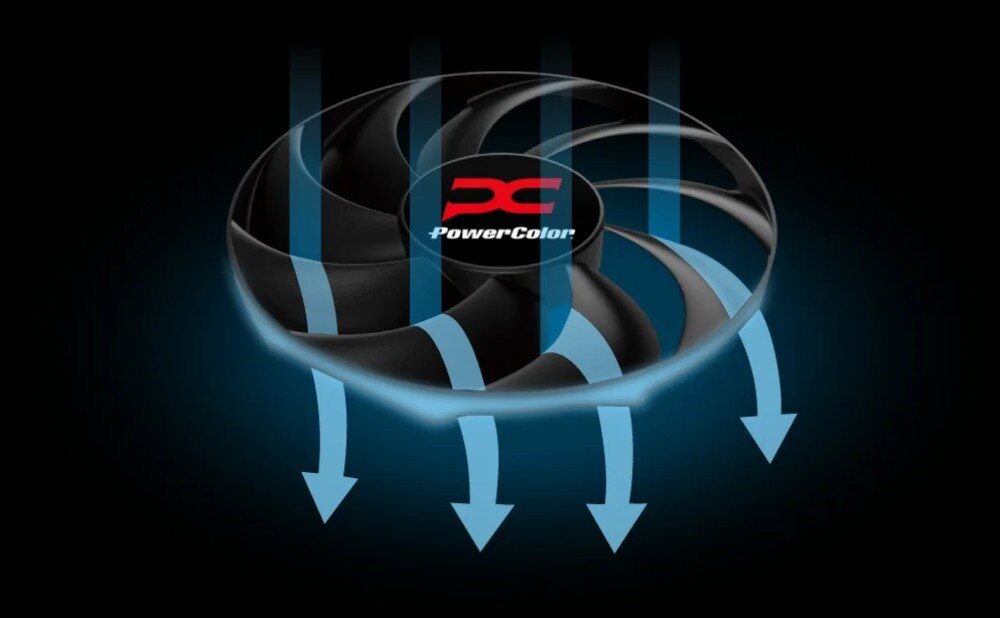 Karta graficzna POWERCOLOR Radeon RX 9070 XT Reaper 16GB Widok wentylatora PowerColor z zaznaczonym kierunkiem przepływu powietrza pokazanym za pomocą niebieskich strzałek skierowanych w dół, wentylatory, wentylacja