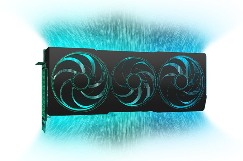 Karta graficzna SAPPHIRE Pulse Radeon RX 9070 XT Gaming 16GB Wizualizacja karty graficznej z trzema dużymi wentylatorami wyrzucającymi strumień niebieskiego powietrza, chłodzenie, wentylatory, łożyska, ciepłowody