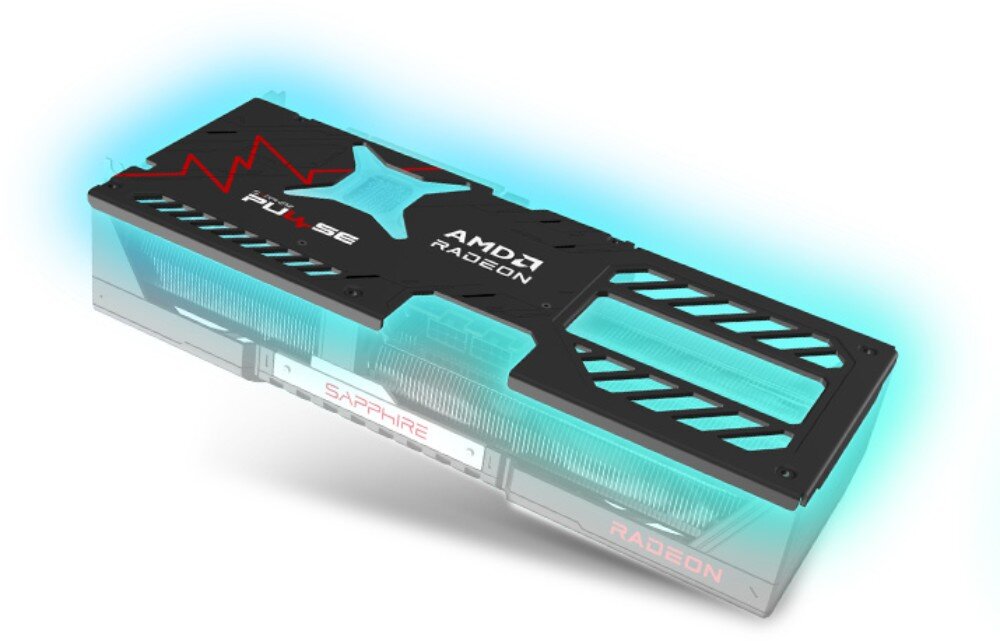 Karta graficzna SAPPHIRE Pulse Radeon RX 9070 XT Gaming 16GB Tylny panel karty graficznej z metalową płytką w czarno-czerwonych barwach, z podświetleniem na niebiesko i logotypami 'Pulse' oraz 'AMD Radeon', konstrukcja, metalowa płyta tylna, budowa