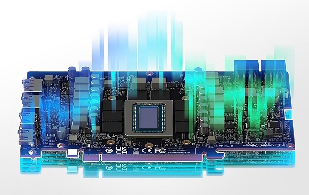 Karta graficzna SAPPHIRE Pure Radeon RX 9070 XT Gaming OC 16GB Płyta PCB z zaznaczonym rdzeniem graficznym i wizualizacją przepływu ciepła przedstawioną jako kolorowe słupki, płyta PCB, laminat, konstrukcja