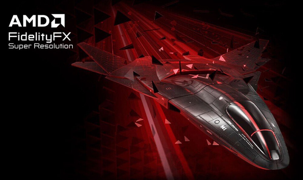 Karta graficzna ASUS TUF Gaming Radeon RX 9070 XT OC 16GB Grafika promująca technologię AMD FidelityFX Super Resolution z czarnym futurystycznym samolotem na tle czerwonych geometrycznych elementów, jednostki obliczeniowe, technologia