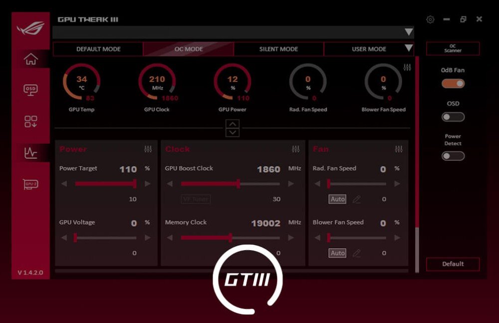 Karta graficzna ASUS TUF Gaming Radeon RX 9070 XT OC 16GB Zrzut ekranu interfejsu oprogramowania ASUS GPU Tweak III, pokazującego parametry pracy karty graficznej i opcje dostosowywania ustawień zegara, napięcia i wentylatorów, aplikacja, narzędzia, funkcje
