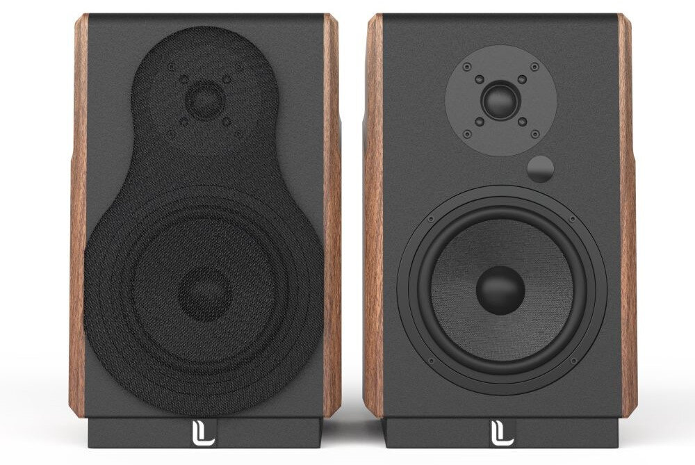 Kolumny głośnikowe LAUDBERG M1 funkcje zalety optymalizacja dźwięku styl, kolumny od frontu na białym tle