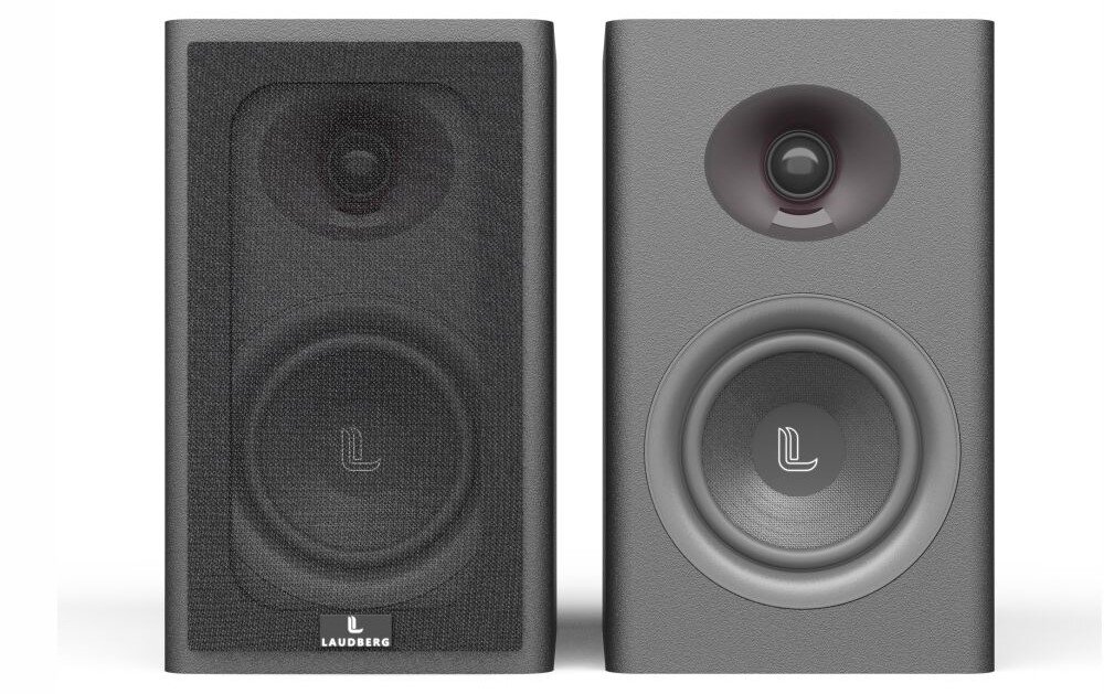 Kolumny głośnikowe LAUDBERG XS1B Bluetooth HDMI ARC USB DAC optyczne RCA, kolumny od frontu na białym tle