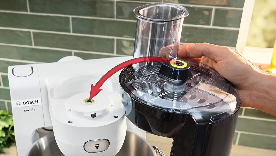 Robot kuchenny planetarny BOSCH MUMS6EW22 z wagą, timerem, blenderem kielichowym i rozdrabniaczem podłączanie akcesoriów oznakowanie kolor