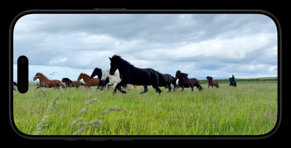 Na ekranie smartfona widać stado koni galopujących po zielonej łące pod pochmurnym niebem. Obraz jest wyświetlany na całej powierzchni ekranu urządzenia.