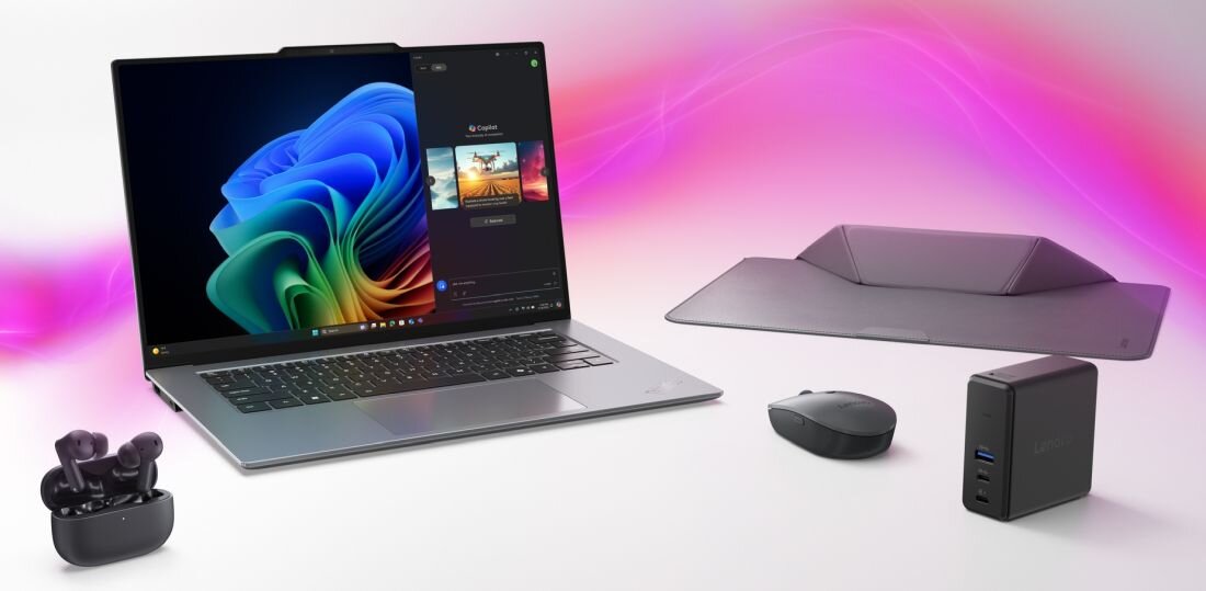 Lenovo ThinkPad z kolorową tapetą Windows wyświetlający panel Copilot AI na ekranie - MIL-STD 810H 