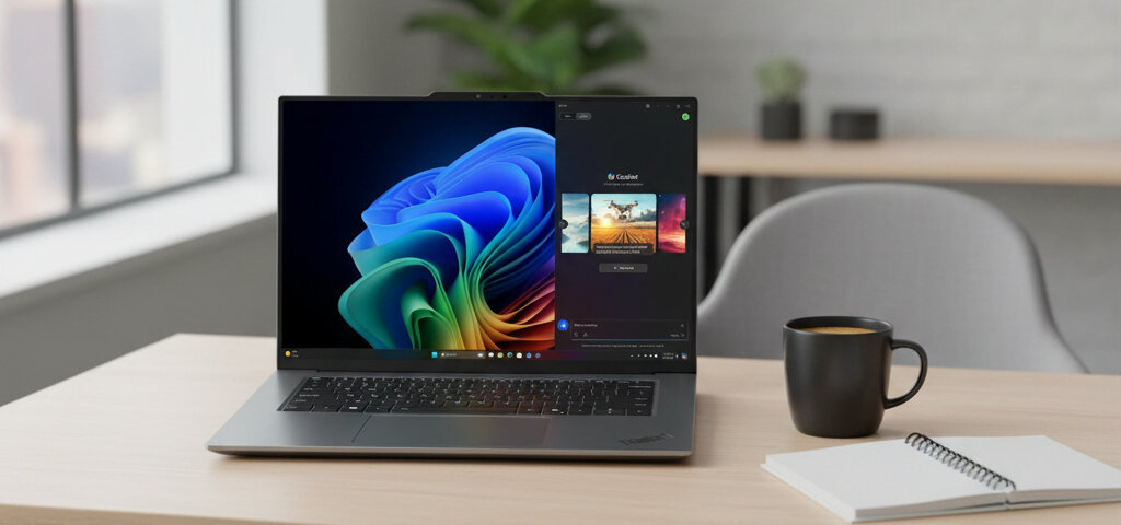Lenovo ThinkPad z Windows 11 i funkcją Copilot AI na biurku z kubkiem kawy i notatnikiem - Copilot+ PC 