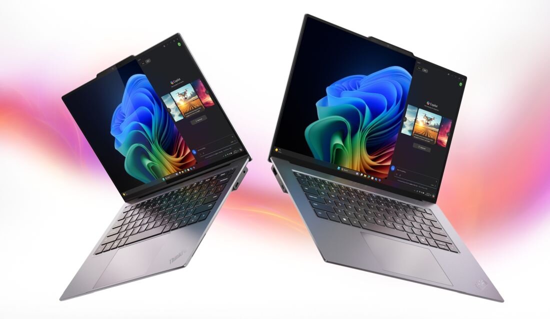 Dwa laptopy Lenovo ThinkPad z ekranami dotykowymi otwarte na 180 stopni z wyświetlonym interfejsem Windows. - Opis serii ThinkPad X9 