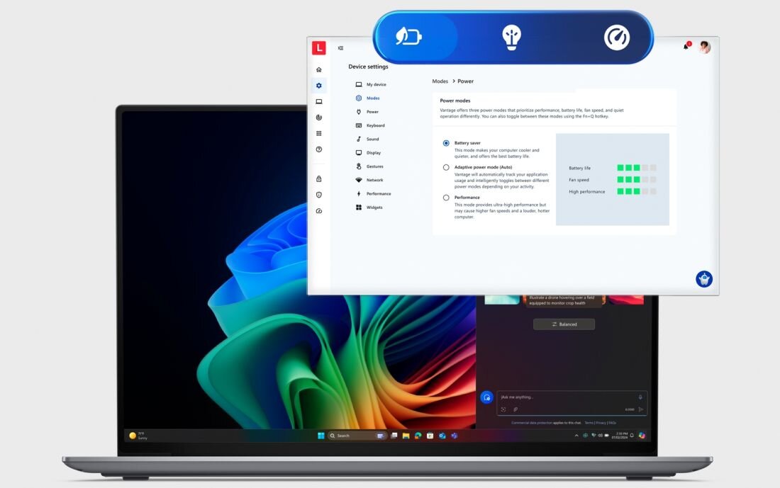 Dwa laptopy Lenovo ThinkPad z kolorowym wyświetlaczem tapety Windows otwarte na drewnianym blacie - Attention Mode 