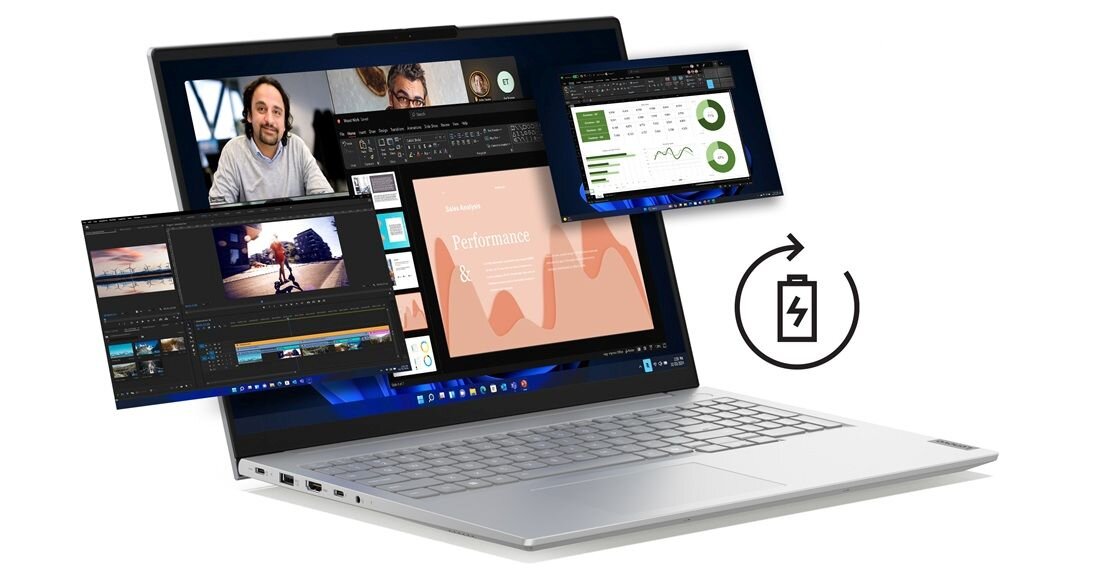 Laptop Lenovo ThinkBook 16 w srebrnej obudowie z trzema unoszącymi się oknami aplikacji na przezroczystym tle – wideokonferencja z czterema uczestnikami, aplikacja do edycji wideo i panel analityczny z wykresami, z ikoną baterii 45 Wh, podkreślający możliwości wielozadaniowości i długi czas pracy. - Długi czas pracy, bateria 45 Wh