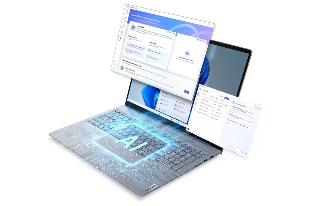 Laptop Lenovo ThinkBook 16 z trzema unoszącymi się oknami aplikacji na przezroczystym tle – interfejs zarządzania systemem z niebieskimi panelami, kolorowe wykresy analityczne i aplikacja do współpracy zespołowej, podkreślający możliwości wielozadaniowości i szybkość dysku SSD. - Dysk SSD PCIe NVMe, pamięć RAM DDR5-5600 MHz