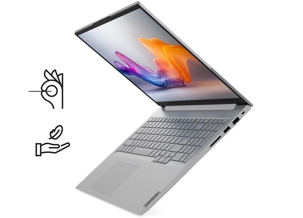 Laptop Lenovo ThinkBook 16 w srebrnej obudowie z ekranem prezentującym abstrakcyjną tapetę w kolorach pomarańczowym i fioletowym z płynącymi kształtami, widok z boku na smukłą konstrukcję z ikonami ekologii po lewej stronie, podkreślający lekkość i zrównoważony design. - Lekki jak piórko 1.7 kg, Kompaktowe wymiary