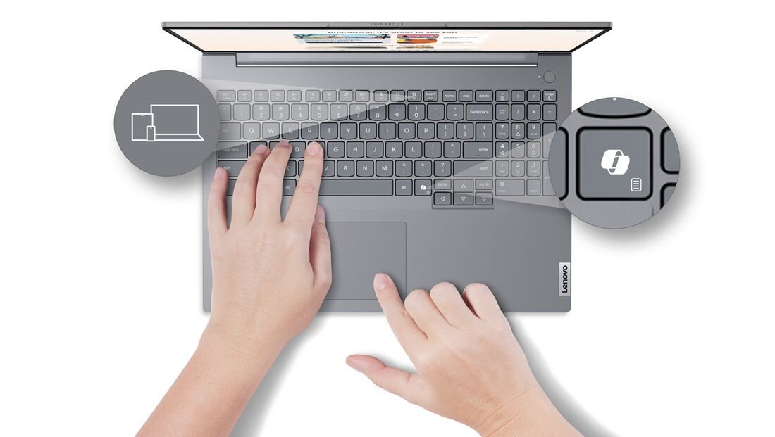 Widok z góry na laptop Lenovo ThinkBook 16 z dłońmi użytkownika na klawiaturze, na ekranie aplikacje do współpracy zespołowej z ikonami urządzeń i funkcją synchronizacji, obok okrągła ikona z literą f w prawym dolnym rogu, podkreślający integrację z Microsoft Copilot i funkcje AI. - klawiatura z białym podświetleniem LED, Copilot