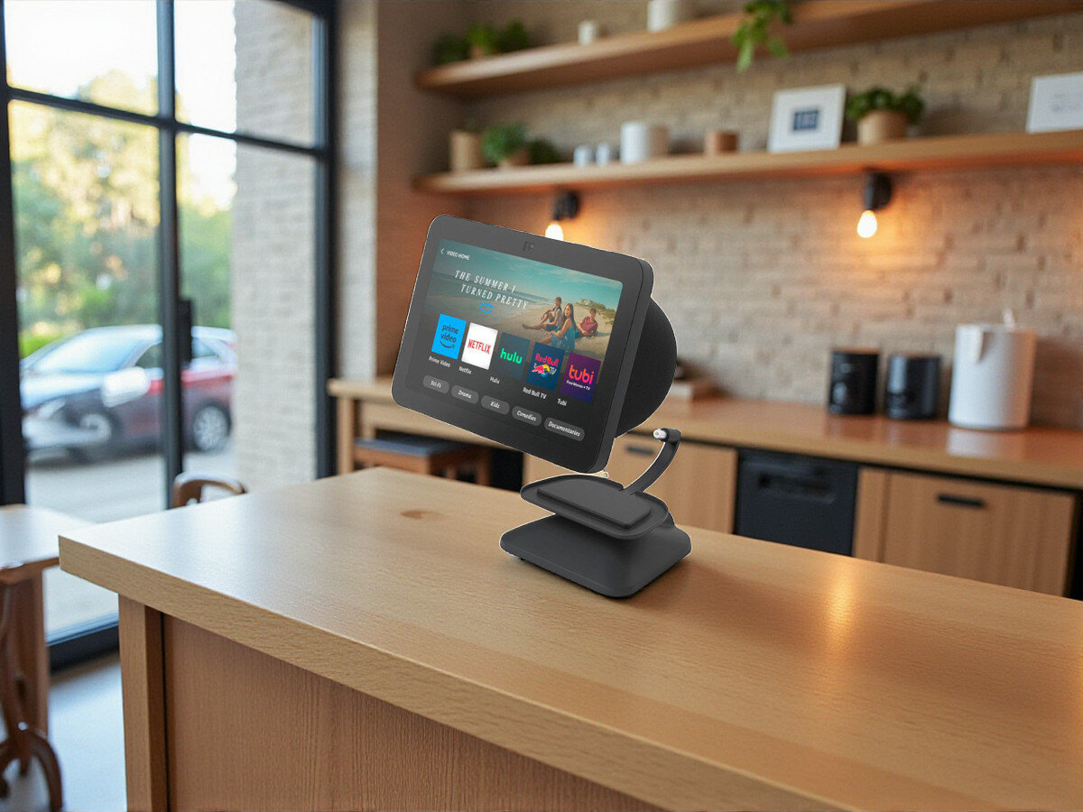 Uchwyt do AMAZON Echo Show 8 (3 gen.) z USB-C Czarny, uchwyt, ekran, ruchomość, komfort, Echo Show na podstawce w nowoczesnej kuchni