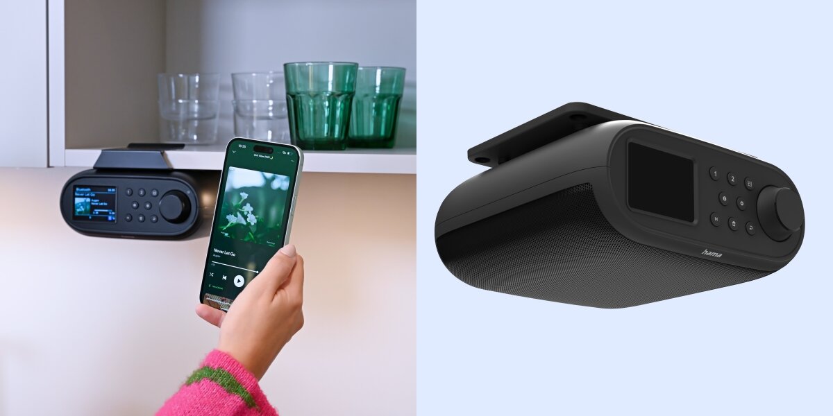 Radio HAMA 54258 - Muzyka bez ograniczeń, Spotify Connect, Bluetooth, radio umocowane pod szafką kuchenną, ręka trzymająca smartfona