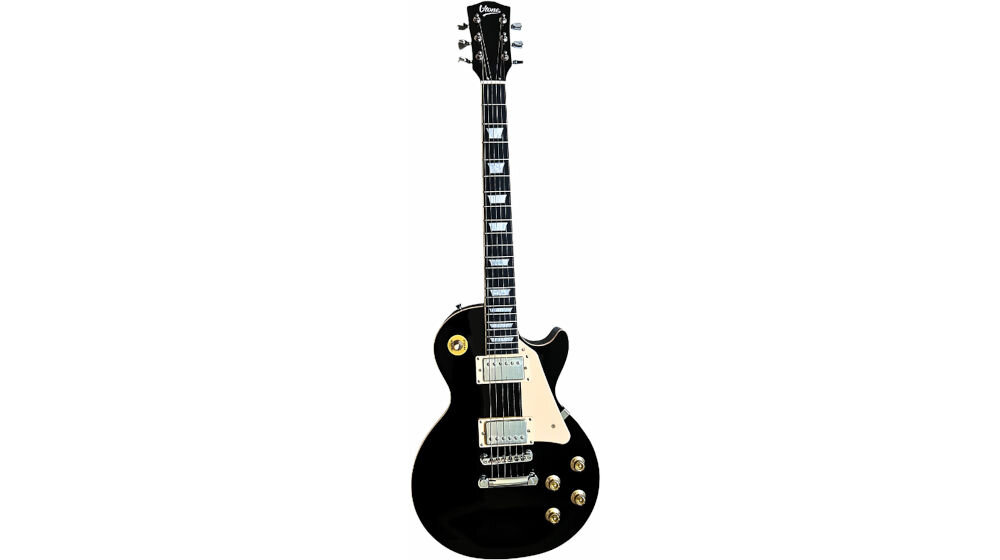 Gitara elektryczna V-TONE VLP1 BK 4/4 w wersji Les Paul do studia i sceny, gitara od frontu na białym tle