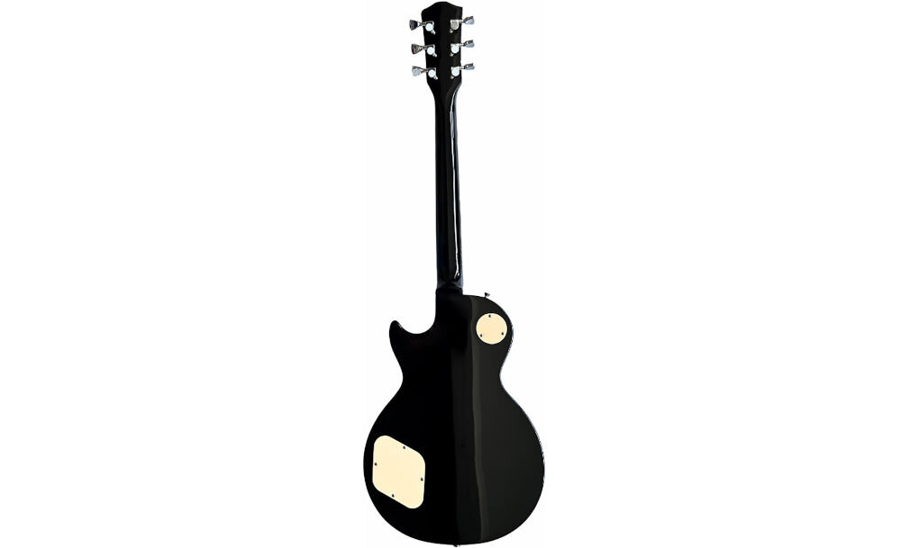 Gitara elektryczna V-TONE VLP1 BK 4/4 pełnowymiarowa konstrukcja Les Paul, gitara od tyłu na białym tle