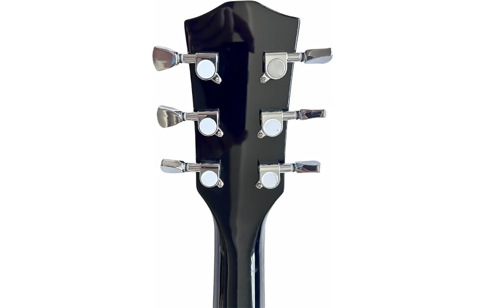 Gitara elektryczna V-TONE VLP1 BK 4/4 przetworniki humbucker H-H z przełącznikiem Rhythm Treble, kadr główki gitary od tyłu na białym tle