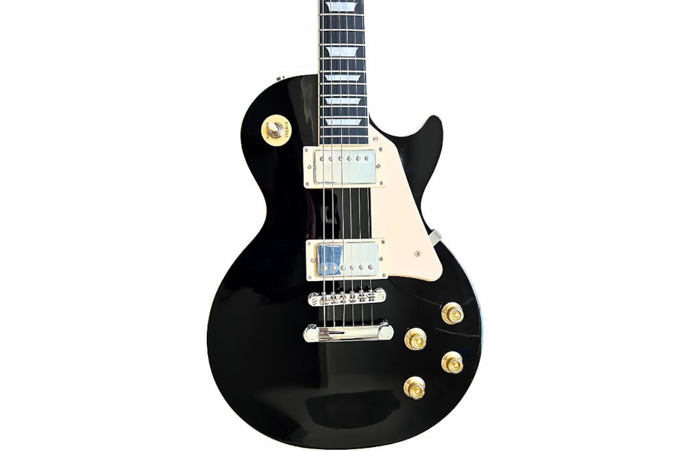 Gitara elektryczna V-TONE VLP1 BK 4/4 chromowane klucze odlewane stabilny strój, korpus gitary na białym tle