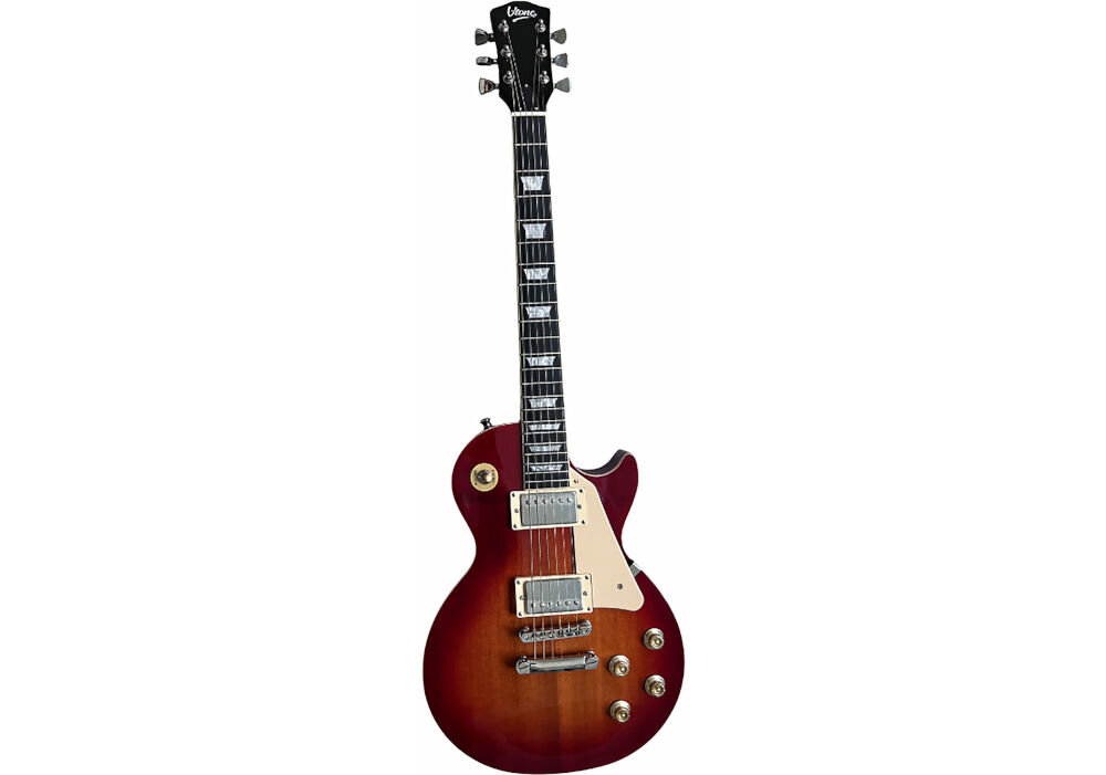 Gitara elektryczna V-TONE VLP1 BK 4/4 w wersji Les Paul do studia i sceny, gitara od frontu na białym tle