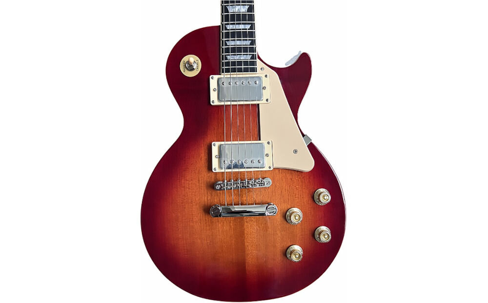Gitara elektryczna V-TONE VLP1 BK 4/4 chromowane klucze odlewane stabilny strój, korpus gitary na białym tle