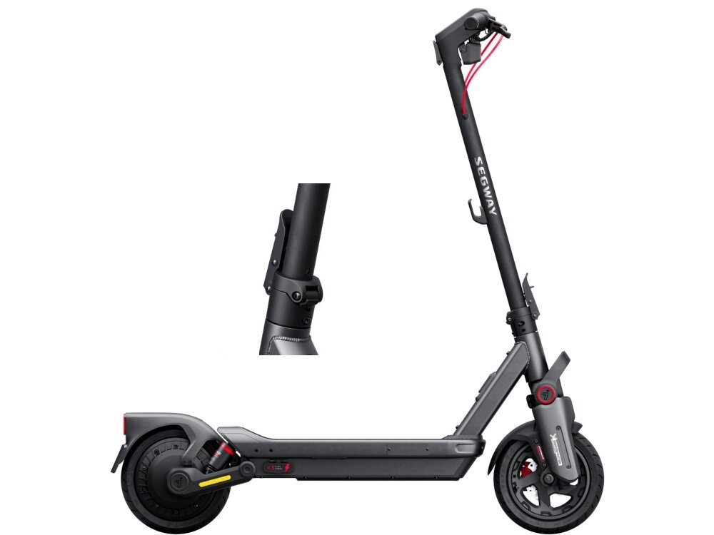 Hulajnoga elektryczna SEGWAY Ninebot Max G3 D 80km 2000W 2 amortyzatory 11 cali Czarny hulajnoga na białym tle widoczna z boku obok zdjęcie dźwigni do złożenia konstrukcji składana składanie za pomocą dźwigni konstrukcja łatwy transport prosty system składania waga 24,6 kg