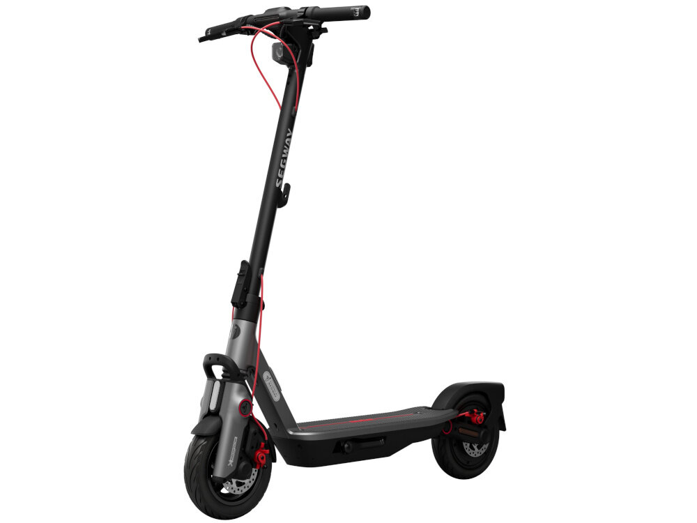 Hulajnoga elektryczna SEGWAY Ninebot F3 Pro D 70km 1200W Amortyzacja 10 cali Czarny hulajnoga na białym tle widoczna od przodu pod skosem koła bezdętkowe o średnicy 10 cali niski opór toczenia duża przyczepność do podłoża płynna i oszczędna jazda odporne na przebicia nie wymagają konserwacji