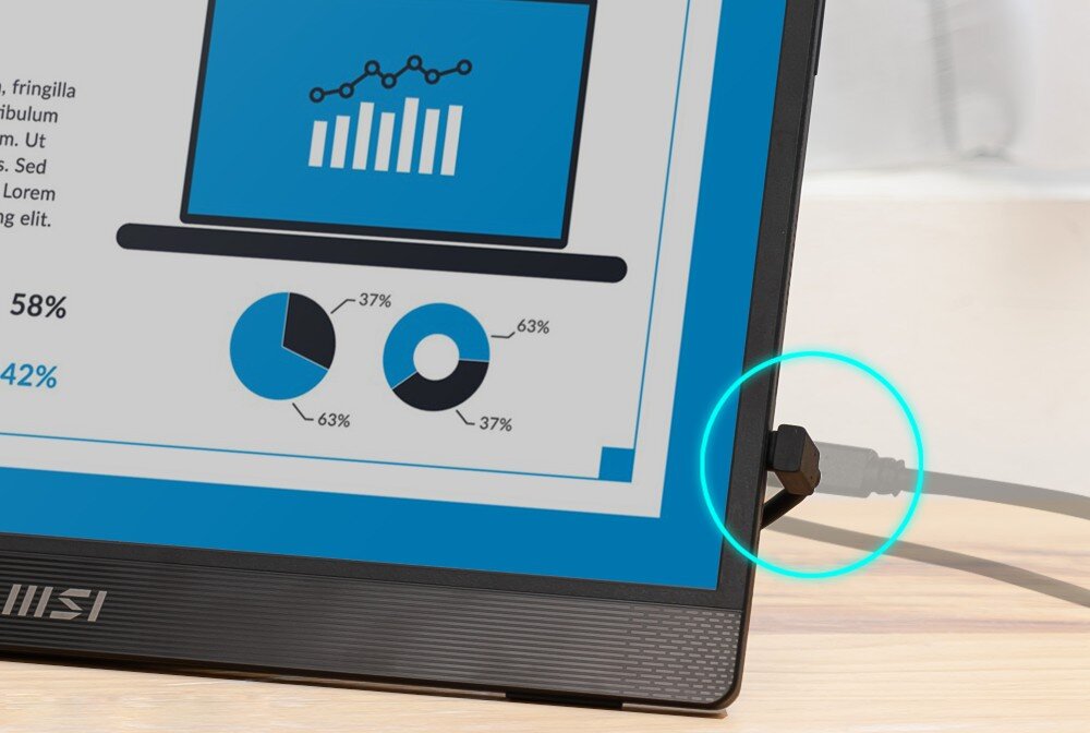 Monitor MSI Pro MP161 E2U zbliżenie na złącze monitora z podłączonym przewodem zakończonym pod kątem prostym, porty, złącza, podłączenie, zasilanie