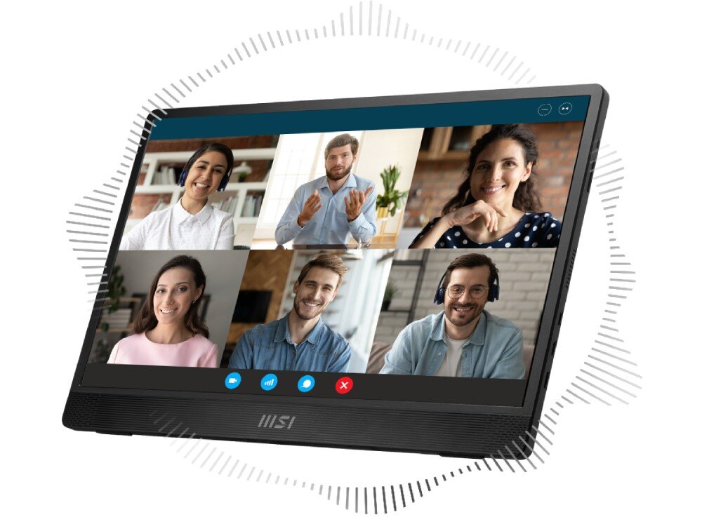Monitor MSI Pro MP161 E2U ekran wyświetla rozmowę wideo z sześcioma osobami, dookoła widoczna grafika imitująca fale dźwiękowe, głośniki, dźwięk, audio