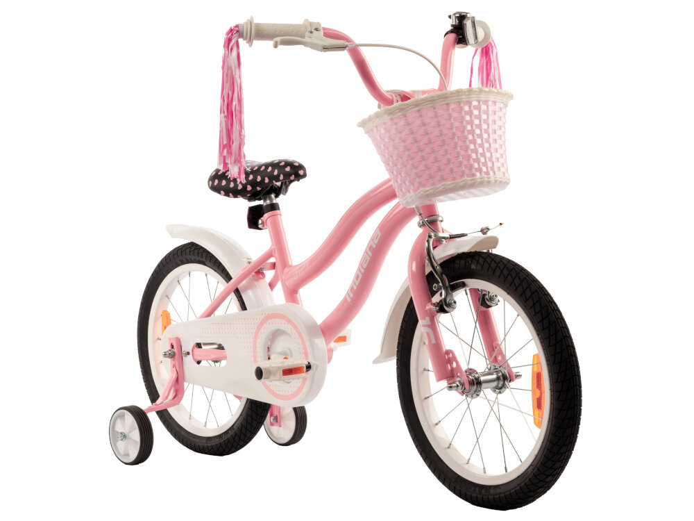 Rower dziecięcy INDIANA Pretty 16 cali dla dziewczynki Różowy rower na białym tle widoczny od przodu pod skosem dla dzieci w wieku od 4 do 5 lat trwałość wytrzymałość mocna konstrukcja