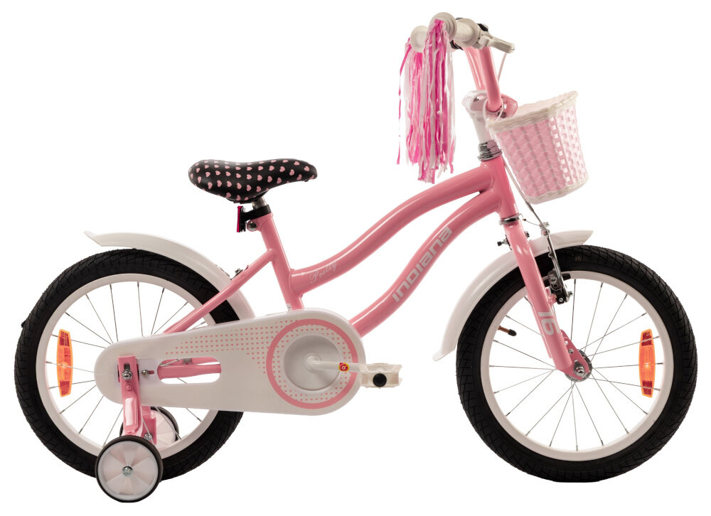 Rower dziecięcy INDIANA Pretty 16 cali dla dziewczynki Różowy rower na białym tle widoczny z boku odpowiednio wyselekcjonowane materiały stalowa 9-calowa rama dostosowana do najmłodszych geometria ponadprzeciętna odporność na uszkodzenia mechaniczne i działanie czynników zewnętrznych wybór rozmiaru ramy Twój wzrost mierzony w zrelaksowanej pozycji typ roweru