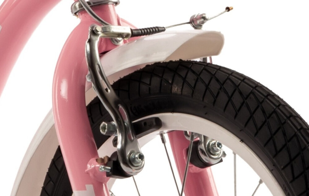 Rower dziecięcy INDIANA Pretty 16 cali dla dziewczynki Różowy zbliżenie na przedni hamulec podstawa bezpieczeństwa przedni hamulec V-Brake tylny hamulec nożny lekkie duża siła hamowania reflektory odblaskowe na szprychach kierownicy i pod siodełkiem dobrze widoczne na drodze bezpieczne