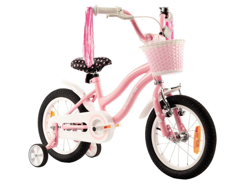 Rower dziecięcy INDIANA Pretty 14 cali dla dziewczynki Różowy rower na białym tle widoczny od przodu pod skosem dla dzieci w wieku od 3 do 4 lat trwałość wytrzymałość mocna konstrukcja